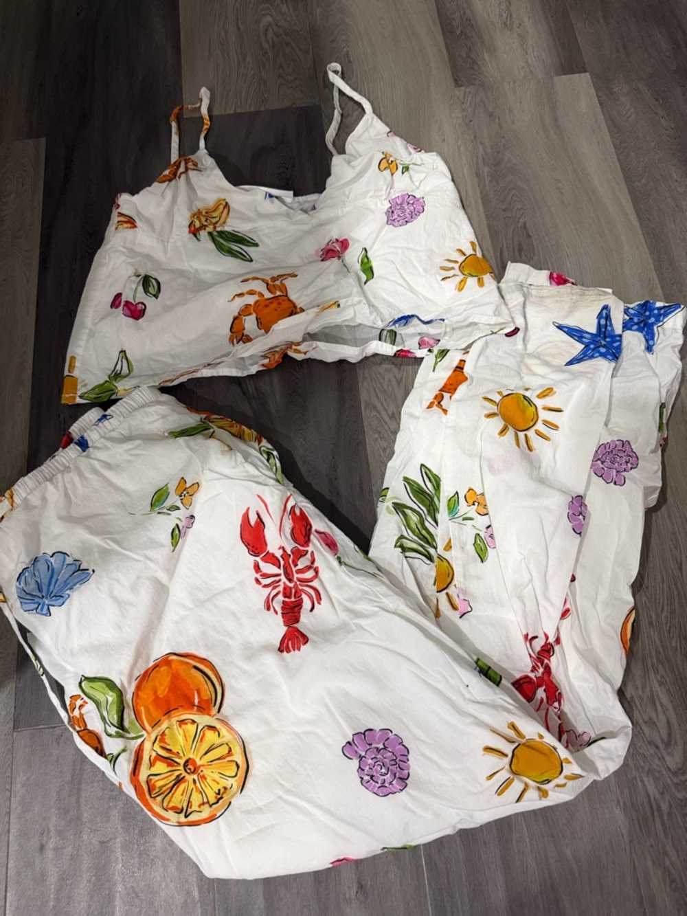 ASOS White Floral & Fruit Print Cropped Tank and Wide-Leg Pants Set